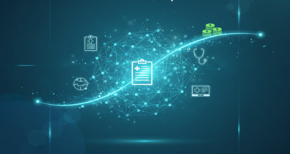 “Create a modern, futuristic book cover design for a professional healthcare and medical billing audience. Title: From Chart to Claim: Practical Ways to Use AI Coding in Your Practice by 2026. Feature a clean, high-tech look with AI elements such as neural networks, data flows, and digital interfaces. Include subtle medical icons like charts, claims forms, stethoscopes, or EHR screens. Use a sleek color palette with blues, teals, and metallic accents. Style should feel innovative, trustworthy, and forward-thinking. Add soft glowing effects, holographic elements, and dynamic lines to represent automation and accuracy. Make the composition balanced, minimal, and professional.”