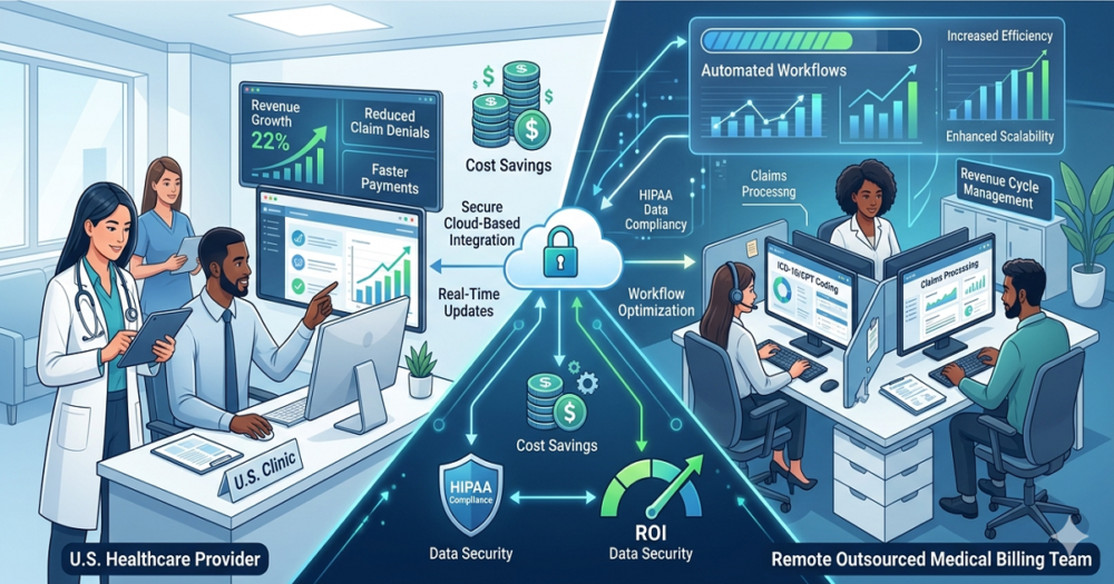 Create a modern, professional healthcare business illustration representing “Outsourcing Medical Billing Services in the USA: Is It Worth the Investment?”. The scene should depict a U.S.-based healthcare provider (doctor or clinic administrator) collaborating remotely with an outsourced medical billing team. Show a split-screen or connected workflow concept: On one side, a clean, high-tech medical office in the United States with a doctor reviewing financial reports on a tablet or desktop. On the other side, a remote billing team working on computers, handling coding, claims processing, and revenue cycle tasks. Include digital elements such as dashboards displaying revenue growth, reduced claim denials, analytics charts, and automated workflows. Add icons representing cost savings, efficiency, compliance (HIPAA), and secure data transfer. Use a blue and white medical color palette with subtle gradients, along with accents of green to symbolize financial growth. Incorporate visual cues like cloud computing, secure data connections, and arrows showing workflow optimization between teams. outsource medical billing services USA