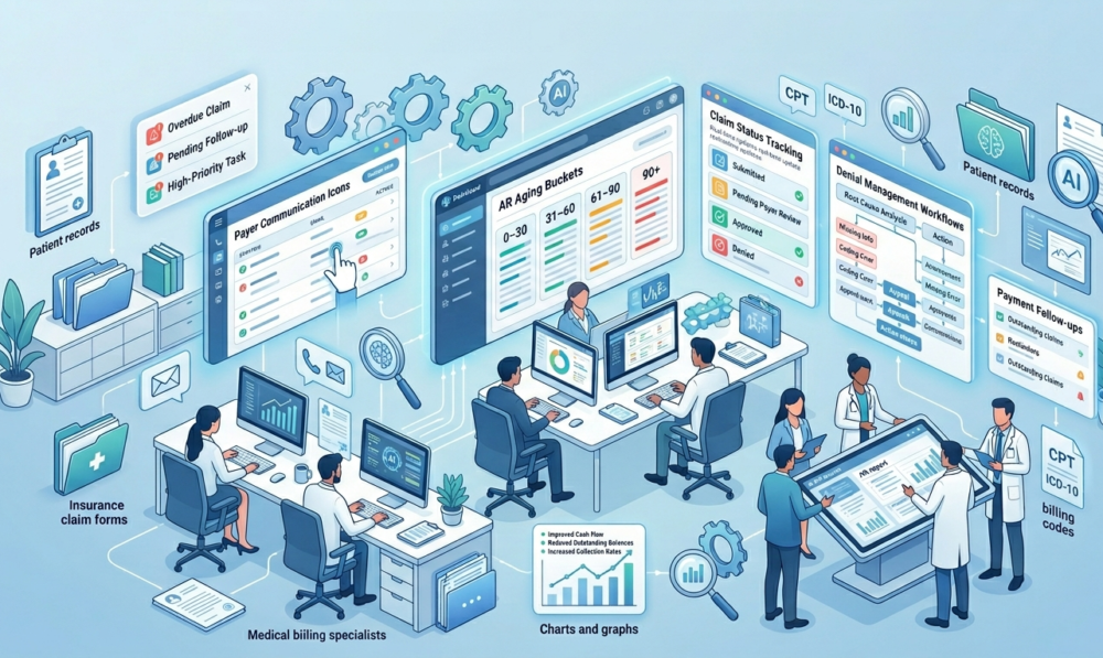 Create a modern, professional healthcare revenue cycle illustration that visually represents “Effective AR Follow-Up Strategies for Medical Billing Teams.” The scene should feature a clean, high-tech office environment with medical billing specialists working on computers and dashboards. Show detailed digital screens displaying accounts receivable (AR) aging reports, claim status tracking, denial management workflows, and payment follow-ups. Include visual elements such as: A large dashboard with categorized AR buckets (0–30, 31–60, 61–90, 90+ days) Notifications or alerts for overdue claims and pending follow-ups Icons representing phone calls, emails, and automated reminders for payer communication Charts and graphs indicating improved cash flow and reduced outstanding balances Team collaboration, with staff discussing strategies and reviewing reports Incorporate subtle healthcare elements like patient records, insurance claim forms, and billing codes. Use a calming blue, white, and teal color palette to reflect professionalism and trust. Add symbols for efficiency, automation, and analytics such as gears, AI icons, and data flow lines. AR follow-up strategies