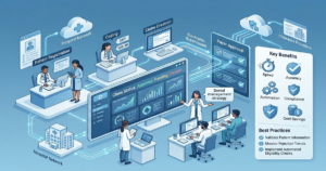 Create a modern, professional healthcare technology illustration representing "Electronic Claim Submission: Benefits, Workflow, and Best Practices." The scene should feature a clean, futuristic medical billing environment with a digital dashboard displaying claim submission processes. Include visual elements such as: A step-by-step workflow: patient registration → coding → claim creation → electronic submission → payer approval Healthcare professionals (medical coders, billing specialists) working on computers and tablets A large central screen showing claim status (approved, pending, denied) with analytics graphs and data visualization Icons representing key benefits: speed (clock), accuracy (checkmark), automation (gear), compliance (shield), and cost savings (dollar symbol) Secure data transfer illustrated with glowing lines or cloud-based systems connecting hospitals and insurance providers Design style: Clean, minimal, and corporate Blue and white healthcare color palette with subtle gradients Soft lighting, modern UI/UX interface elements Slight isometric or flat design perspective High-tech, efficient, and trustworthy atmosphere electronic claim submission