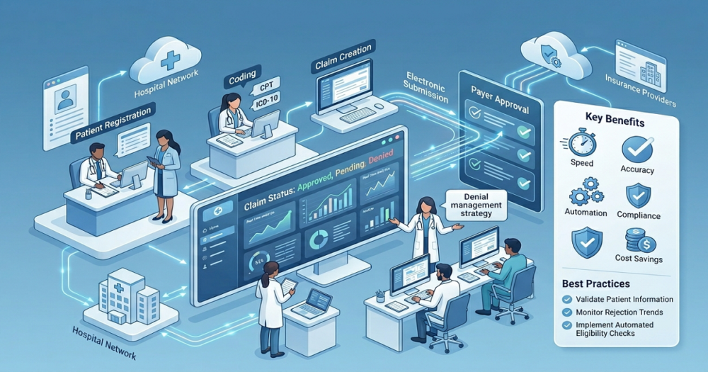 Create a modern, professional healthcare technology illustration representing "Electronic Claim Submission: Benefits, Workflow, and Best Practices." The scene should feature a clean, futuristic medical billing environment with a digital dashboard displaying claim submission processes. Include visual elements such as: A step-by-step workflow: patient registration → coding → claim creation → electronic submission → payer approval Healthcare professionals (medical coders, billing specialists) working on computers and tablets A large central screen showing claim status (approved, pending, denied) with analytics graphs and data visualization Icons representing key benefits: speed (clock), accuracy (checkmark), automation (gear), compliance (shield), and cost savings (dollar symbol) Secure data transfer illustrated with glowing lines or cloud-based systems connecting hospitals and insurance providers Design style: Clean, minimal, and corporate Blue and white healthcare color palette with subtle gradients Soft lighting, modern UI/UX interface elements Slight isometric or flat design perspective High-tech, efficient, and trustworthy atmosphere electronic claim submission
