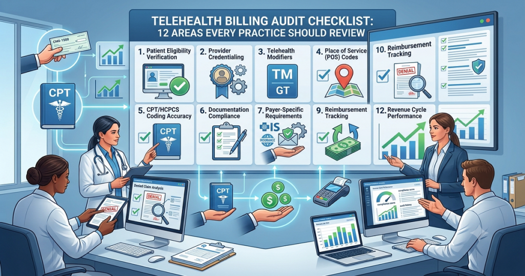 Create a modern, professional healthcare billing illustration titled "Telehealth Billing Audit Checklist: 12 Areas Every Practice Should Review." Feature a clean digital workspace with a healthcare administrator and medical billing specialist reviewing telehealth claims on large monitors and tablets. Display a prominent audit checklist dashboard containing 12 key review areas represented by icons and labeled sections, including patient eligibility verification, provider credentialing, telehealth modifiers, place of service (POS) codes, CPT/HCPCS coding accuracy, documentation compliance, payer-specific requirements, claim submission accuracy, reimbursement tracking, denied claim analysis, HIPAA/security compliance, and revenue cycle performance. Incorporate telehealth elements such as virtual doctor-patient video consultations, cloud-based medical records, electronic claims processing, and real-time analytics dashboards. Use a blue, white, and teal healthcare color palette with subtle gradients, data visualization charts, checkmarks, magnifying glass audit symbols, compliance shields, and workflow automation icons. Show seamless data flow between providers, patients, billing systems, and insurance payers. telehealth billing audit checklist