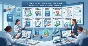 Create a modern, professional healthcare billing illustration titled "Telehealth Billing Audit Checklist: 12 Areas Every Practice Should Review." Feature a clean digital workspace with a healthcare administrator and medical billing specialist reviewing telehealth claims on large monitors and tablets. Display a prominent audit checklist dashboard containing 12 key review areas represented by icons and labeled sections, including patient eligibility verification, provider credentialing, telehealth modifiers, place of service (POS) codes, CPT/HCPCS coding accuracy, documentation compliance, payer-specific requirements, claim submission accuracy, reimbursement tracking, denied claim analysis, HIPAA/security compliance, and revenue cycle performance. Incorporate telehealth elements such as virtual doctor-patient video consultations, cloud-based medical records, electronic claims processing, and real-time analytics dashboards. Use a blue, white, and teal healthcare color palette with subtle gradients, data visualization charts, checkmarks, magnifying glass audit symbols, compliance shields, and workflow automation icons. Show seamless data flow between providers, patients, billing systems, and insurance payers. telehealth billing audit checklist